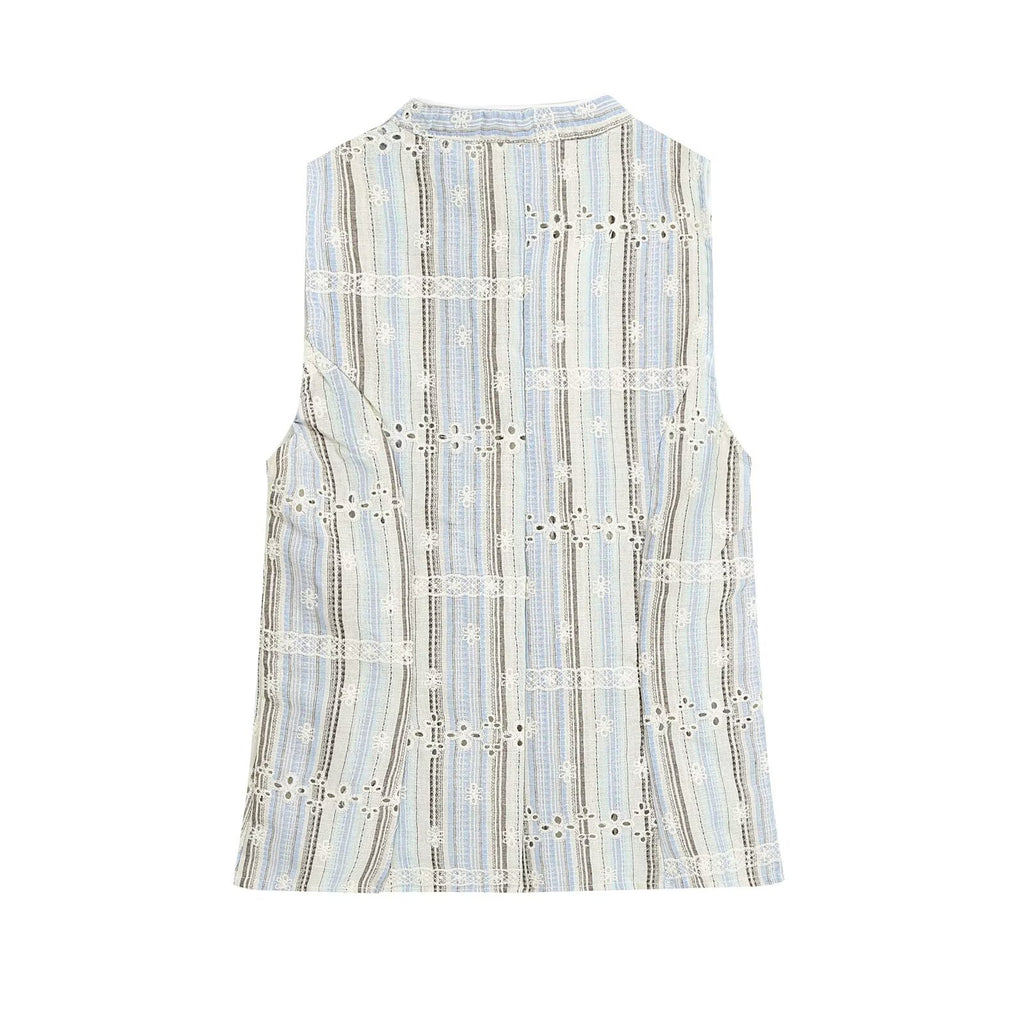 Women Clothing Slim Striped Embroidered Sleeveless Top Skirt Sets Howe