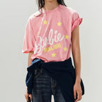 Women Clothing Pink Printing Retro Distressed Drop Shoulder Sleeve T shirt Howe