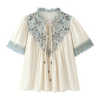 Women Clothing Summer French Tied Hollow Out Cutout Long Sleeve Silk Stitching Short Sleeve Shirt CHEN