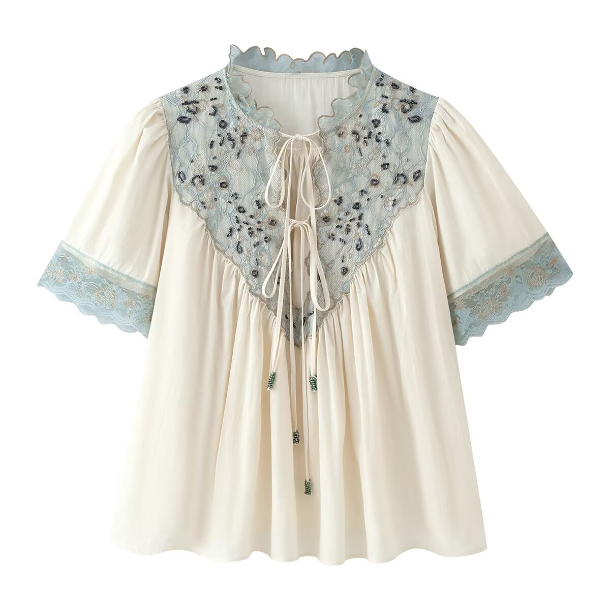 Women Clothing Summer French Tied Hollow Out Cutout Long Sleeve Silk Stitching Short Sleeve Shirt CHEN