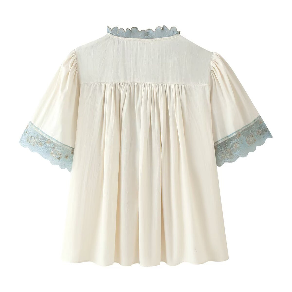 Women Clothing Summer French Tied Hollow Out Cutout Long Sleeve Silk Stitching Short Sleeve Shirt CHEN