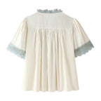 Women Clothing Summer French Tied Hollow Out Cutout Long Sleeve Silk Stitching Short Sleeve Shirt CHEN