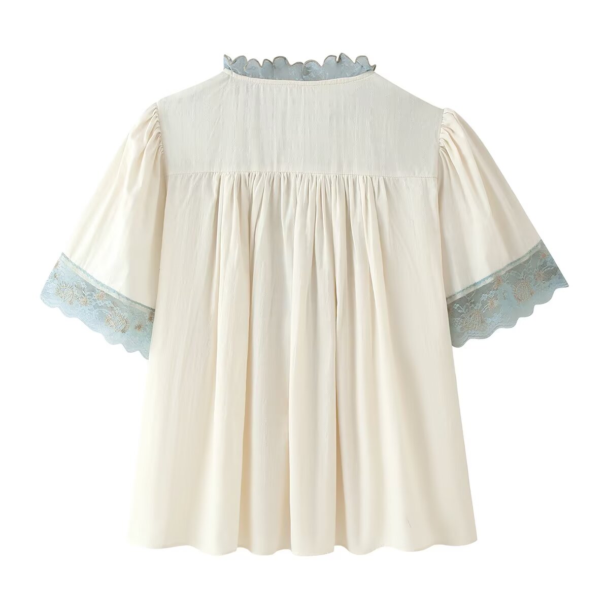 Women Clothing Summer French Tied Hollow Out Cutout Long Sleeve Silk Stitching Short Sleeve Shirt CHEN