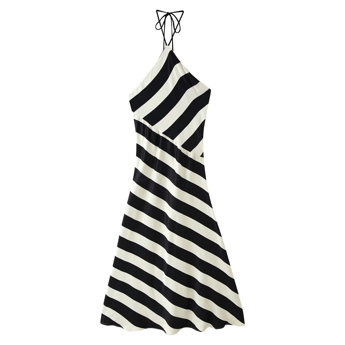 Early Autumn Women Clothing Elegant Backless Striped Hanging Collar Backless Midi Dress CHEN