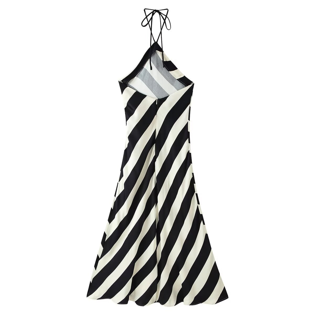 Early Autumn Women Clothing Elegant Backless Striped Hanging Collar Backless Midi Dress CHEN