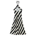 Early Autumn Women Clothing Elegant Backless Striped Hanging Collar Backless Midi Dress CHEN