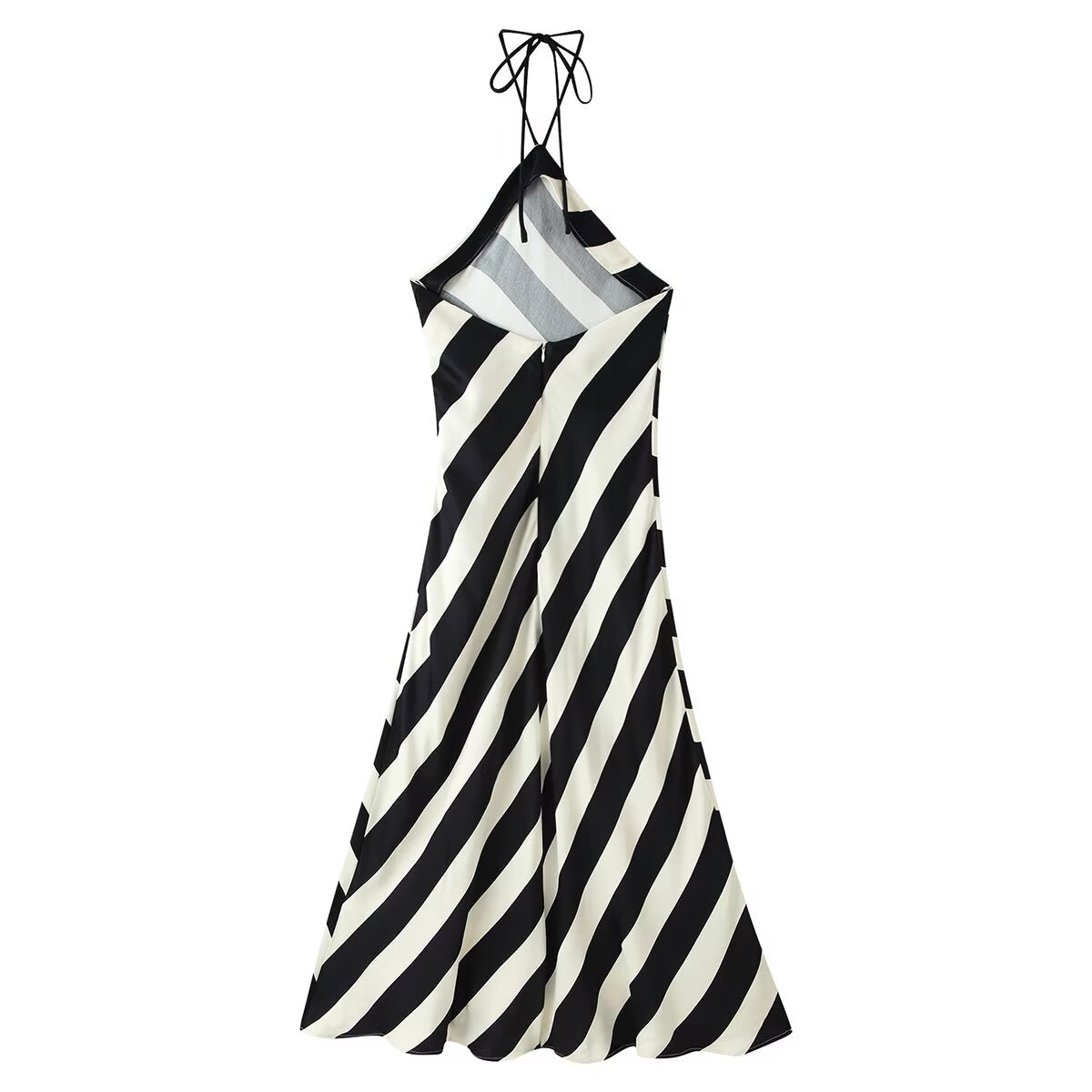 Early Autumn Women Clothing Elegant Backless Striped Hanging Collar Backless Midi Dress CHEN