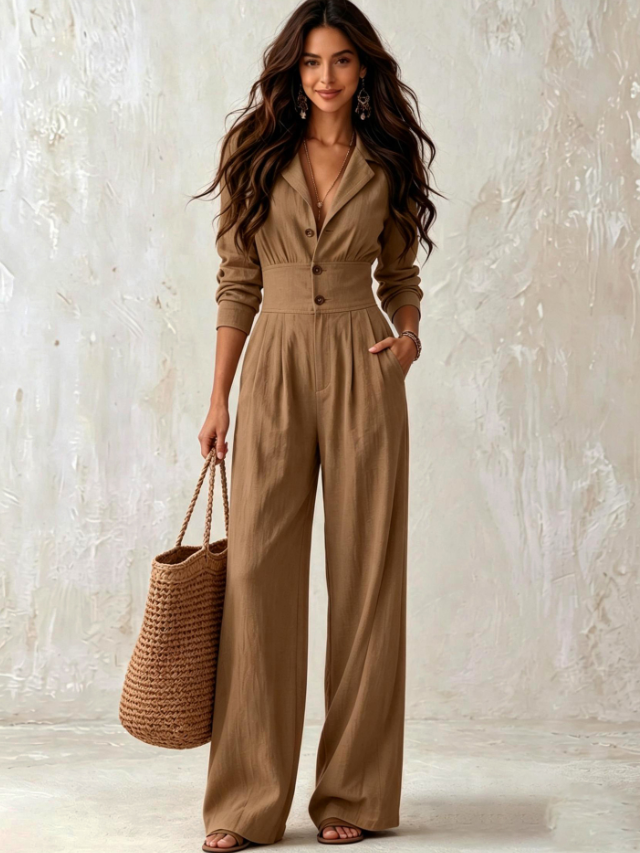 Casual Shirt Jumpsuit Elegant Button Zipper V neck Tight Waist Long Jumpsuit Venly