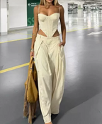 Women Clothing Sexy All Match Boning Corset Waist Three Dimensional Steel Ring Top Wide Leg Pants TinkleBell