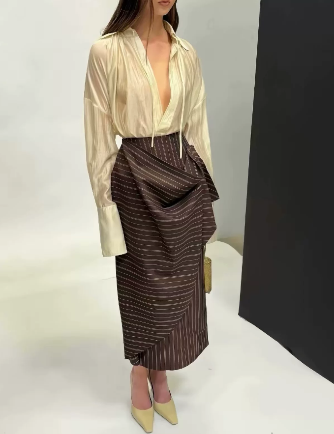 Women Ladies V neck Loose Long Sleeve See through Casual Shirt Skirt Two Piece Sets TinkleBell