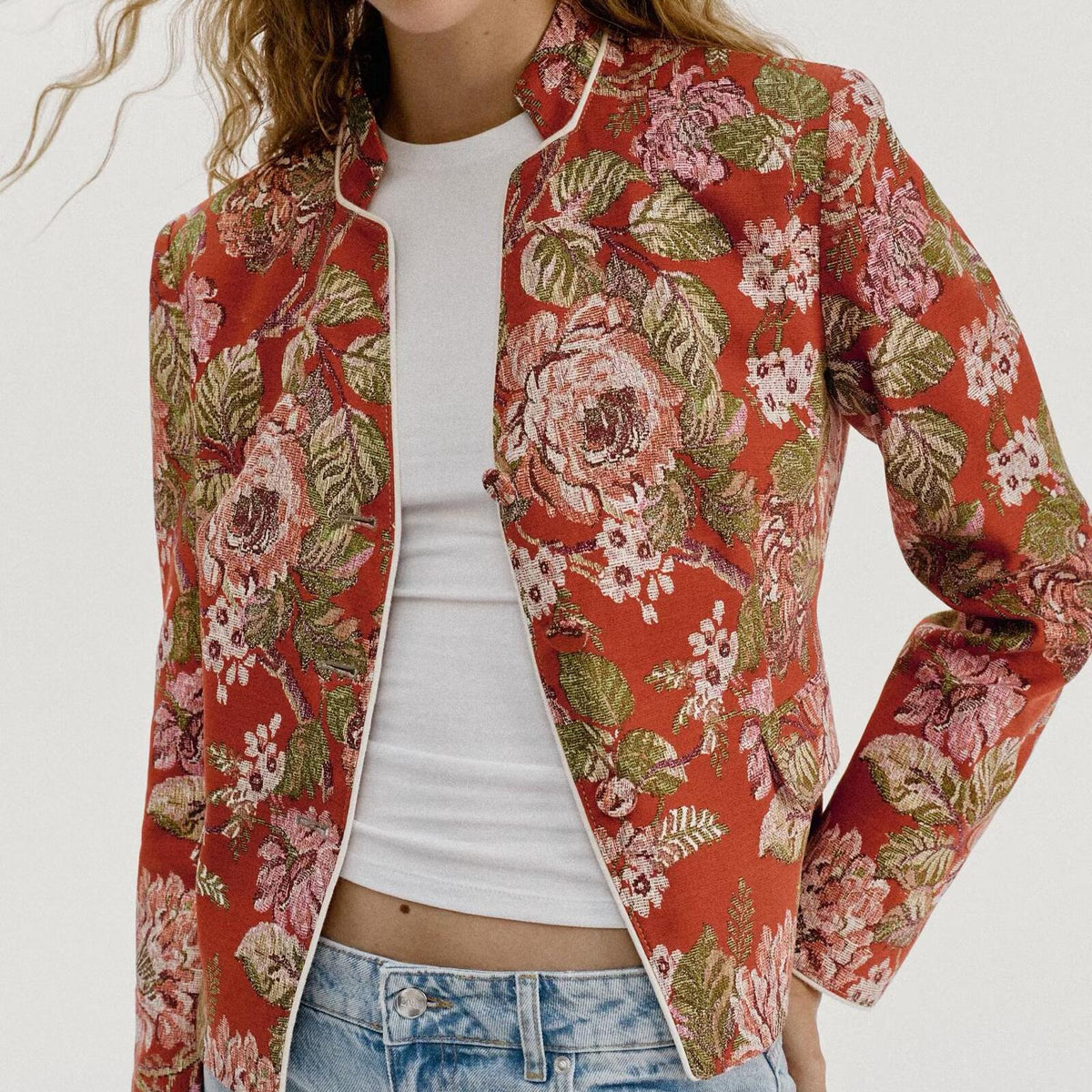 Women Clothing Autumn Niche Floral Printed Waist Controlled Blazer SenDa