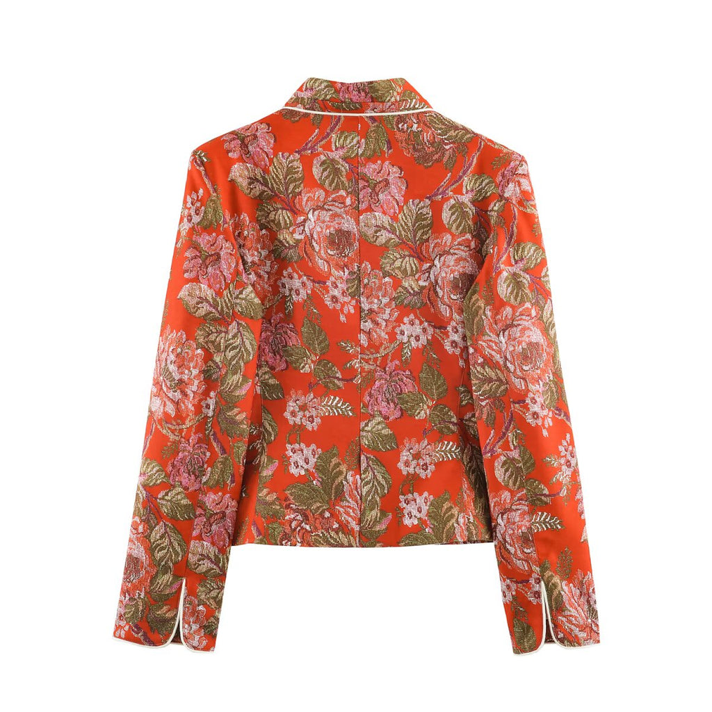 Women Clothing Autumn Niche Floral Printed Waist Controlled Blazer SenDa