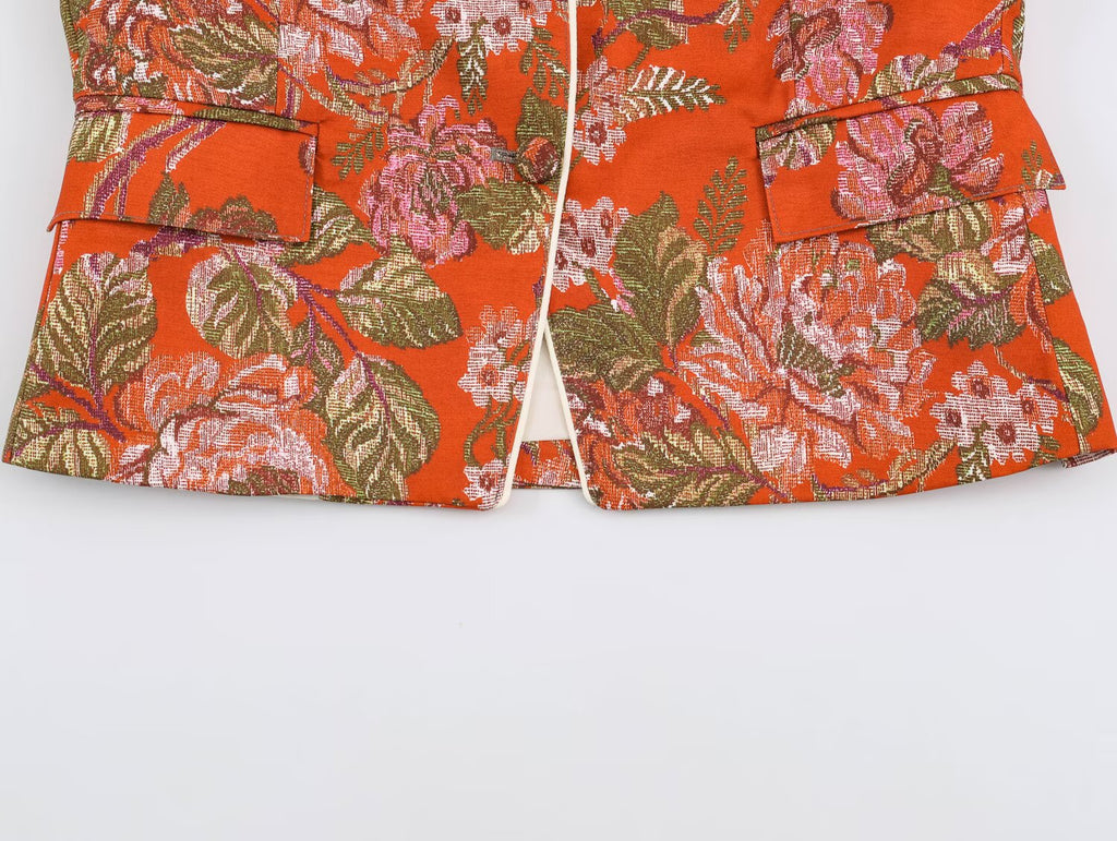 Women Clothing Autumn Niche Floral Printed Waist Controlled Blazer SenDa
