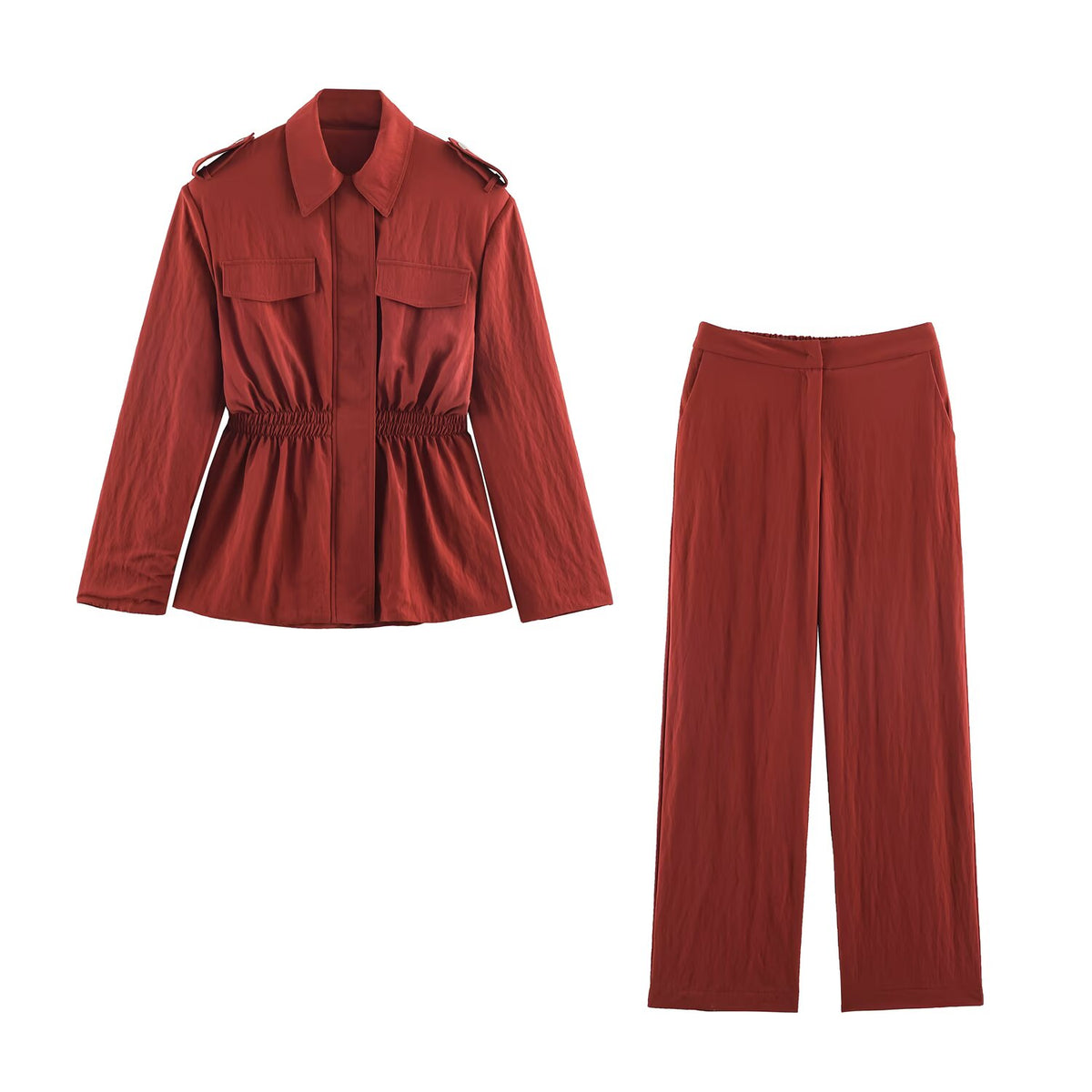 Women Collared Tour Safari Jacket Waist Trimming Coat Vertical Loose Mid Waist Trousers Sets SenDa