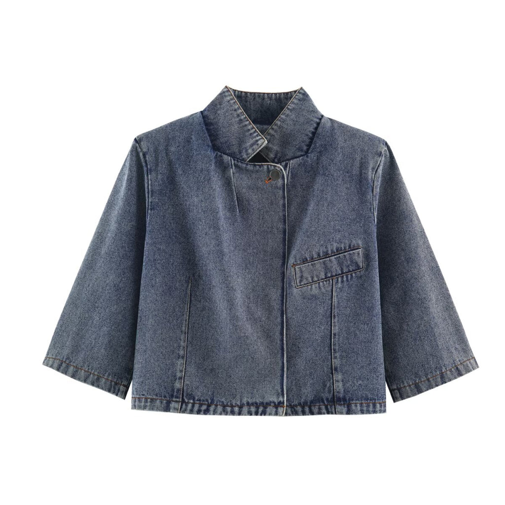 Women Clothing Stand Collar Short Denim Jacket SenDa