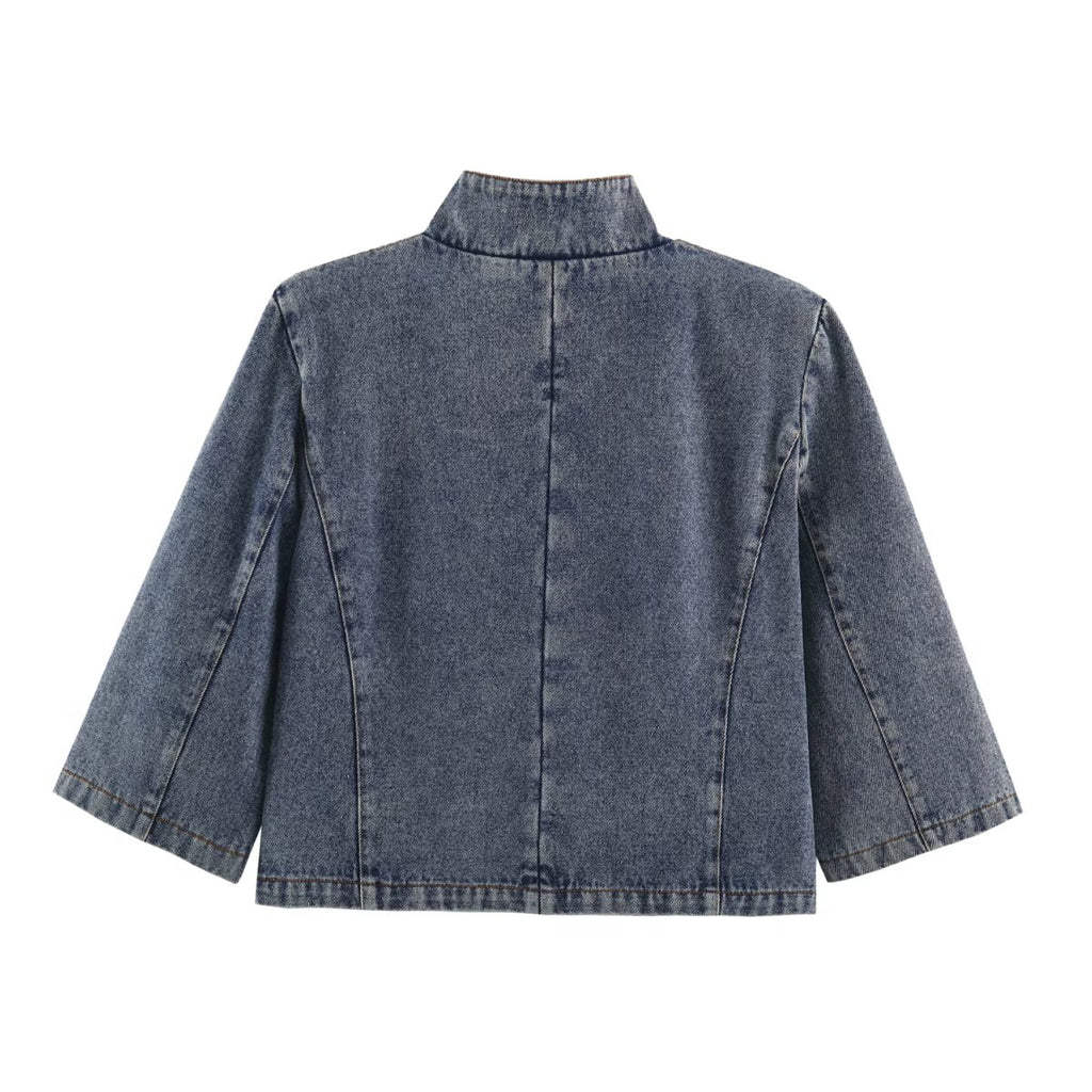 Women Clothing Stand Collar Short Denim Jacket SenDa