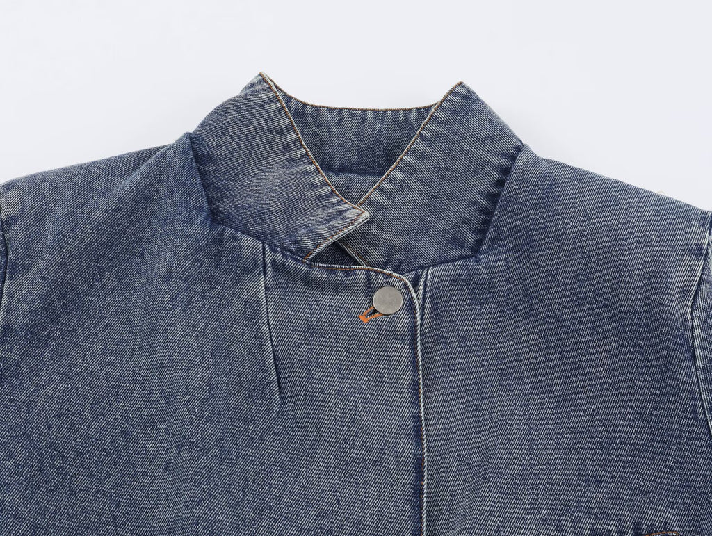 Women Clothing Stand Collar Short Denim Jacket SenDa