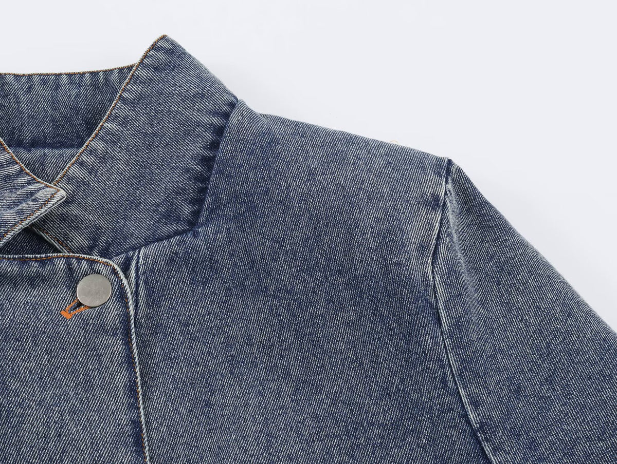 Women Clothing Stand Collar Short Denim Jacket SenDa