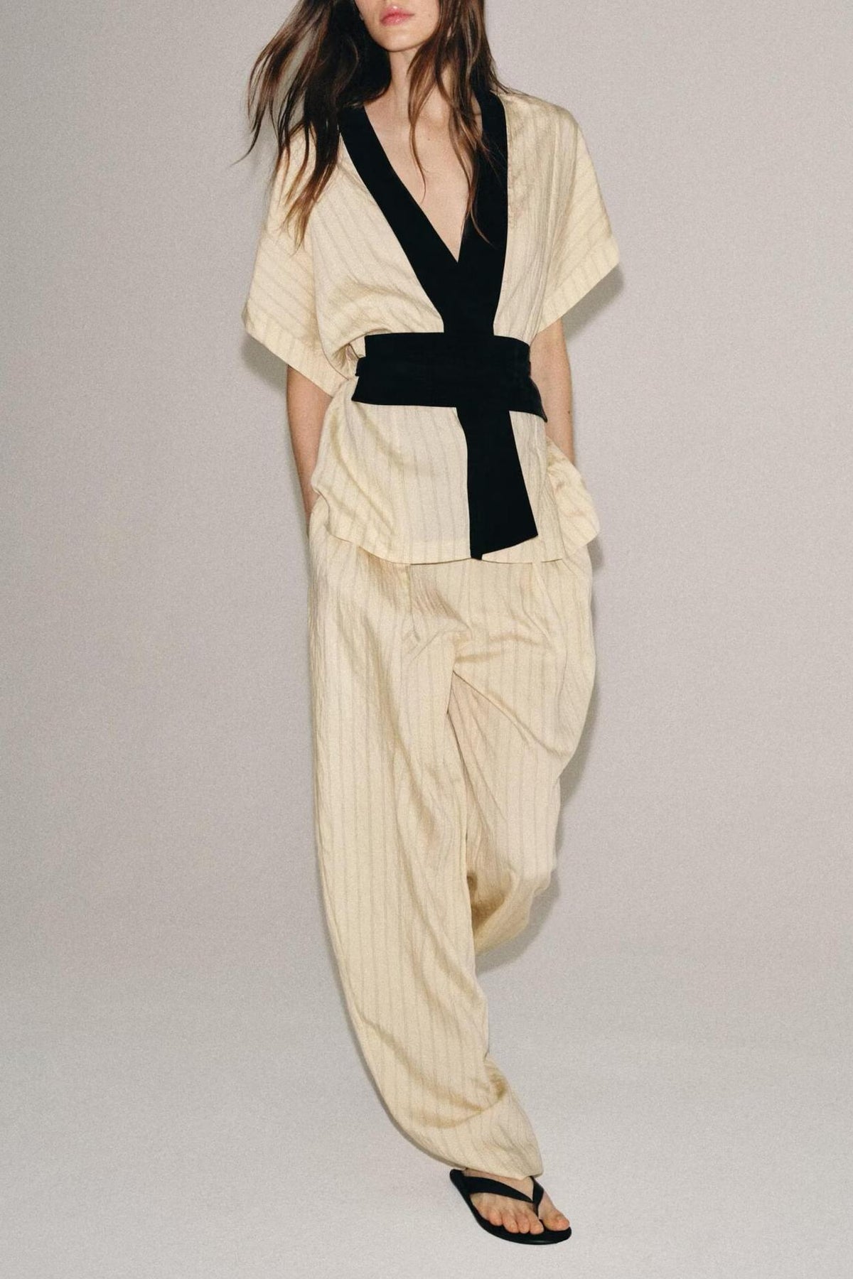 Women Clothing Autumn Contrast Color Trim Striped Coat Wide Leg Pant Sets SenDa