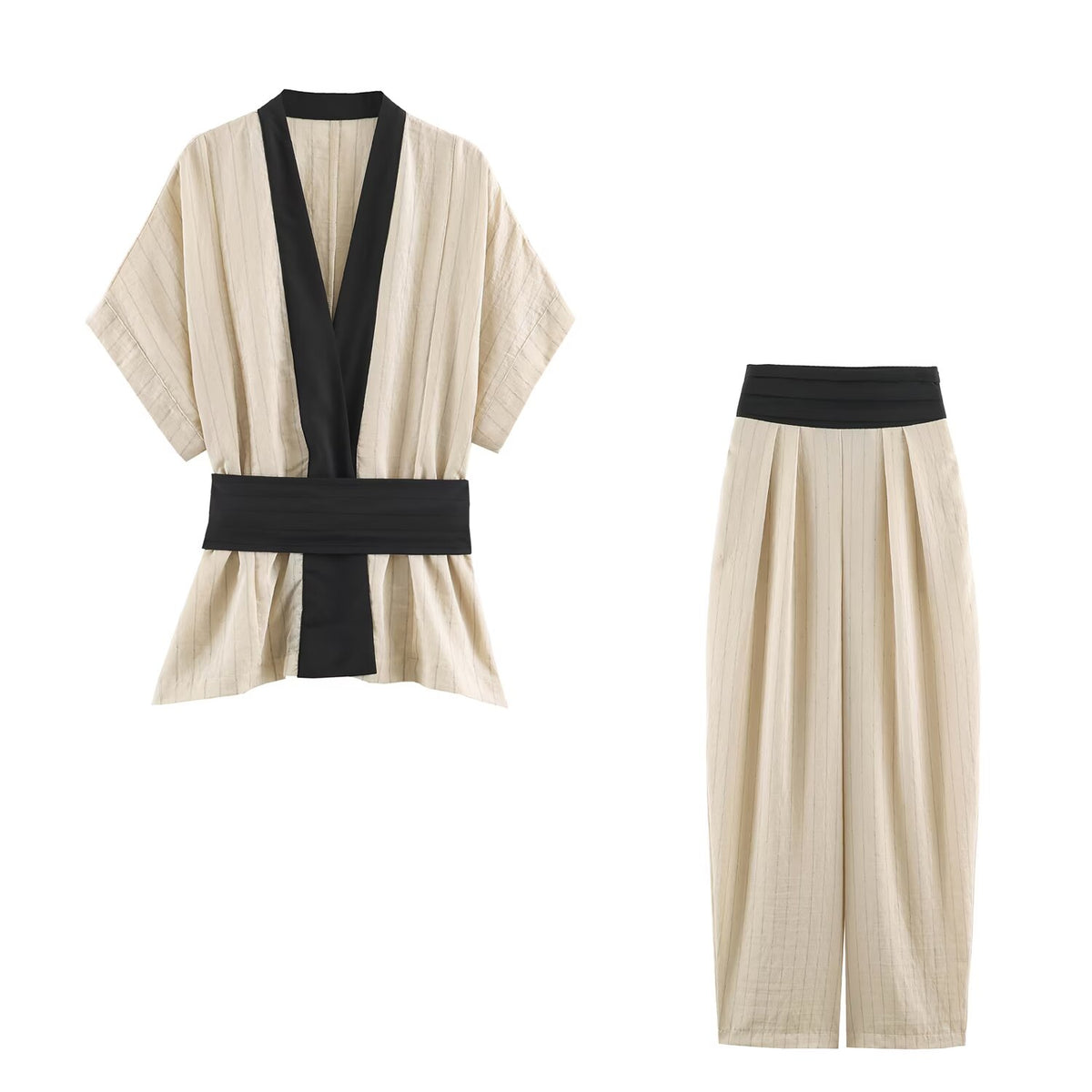 Women Clothing Autumn Contrast Color Trim Striped Coat Wide Leg Pant Sets SenDa