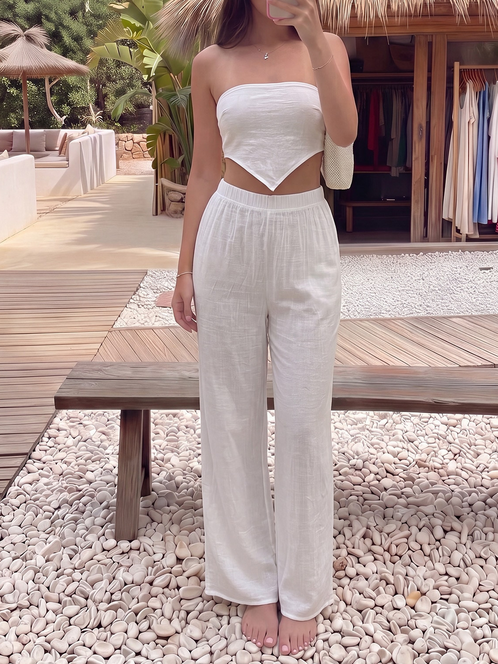Women White Bra Trousers Lace up Elegant Vacation Beach Two Piece Blouse Menara