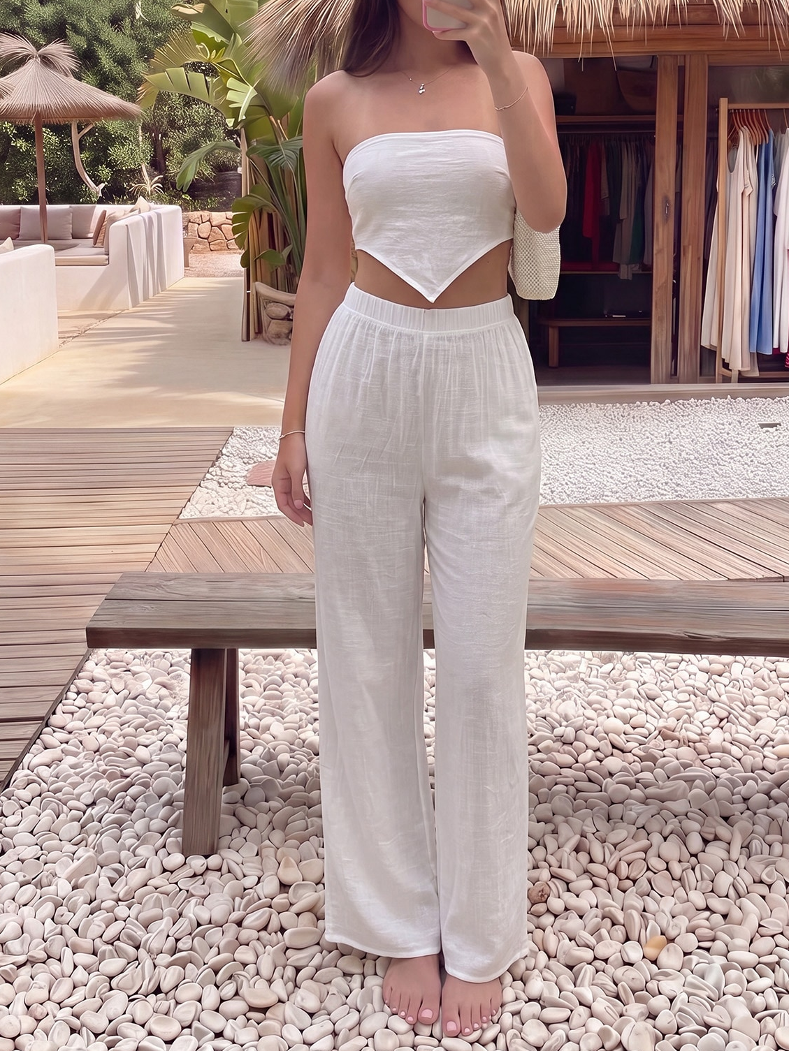 Women White Bra Trousers Lace up Elegant Vacation Beach Two Piece Blouse Menara