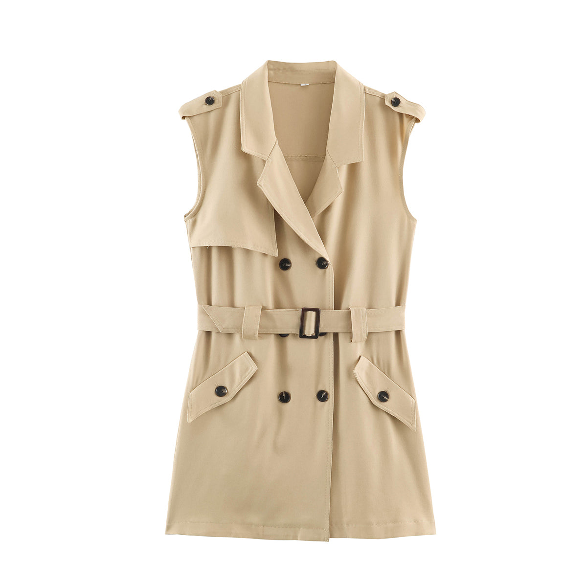Autumn Women Clothing High Grade Collared Sleeveless Double Breasted Waistband Dress FRIDAY