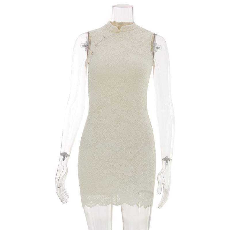 French Apricot Lace Sleeveless Vest Dress Women Clothing Summer Waist Controlled Slim Fit Hip Dress LaceCH