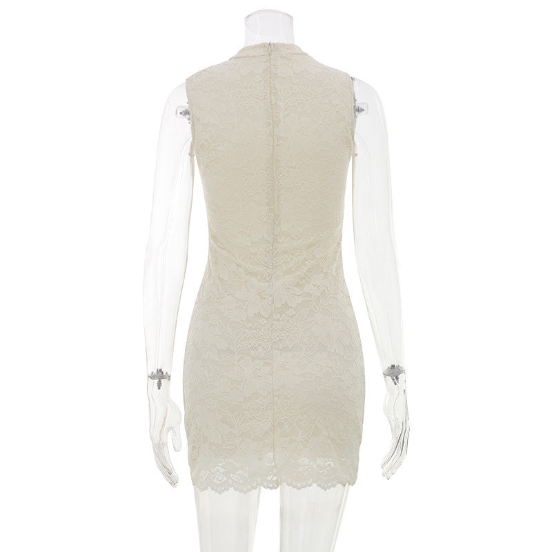 French Apricot Lace Sleeveless Vest Dress Women Clothing Summer Waist Controlled Slim Fit Hip Dress LaceCH