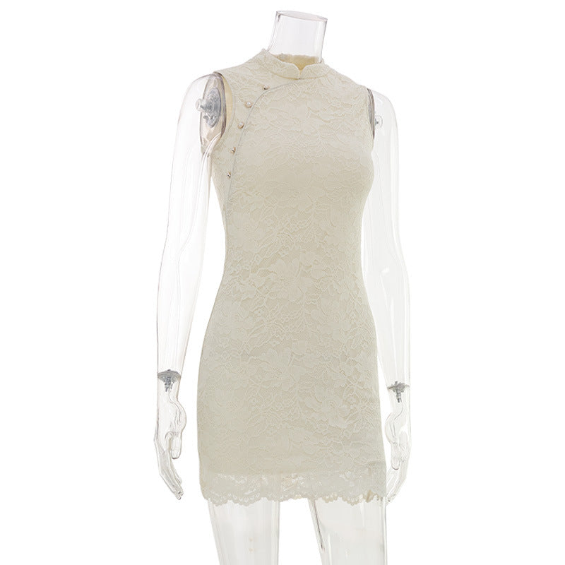 French Apricot Lace Sleeveless Vest Dress Women Clothing Summer Waist Controlled Slim Fit Hip Dress LaceCH