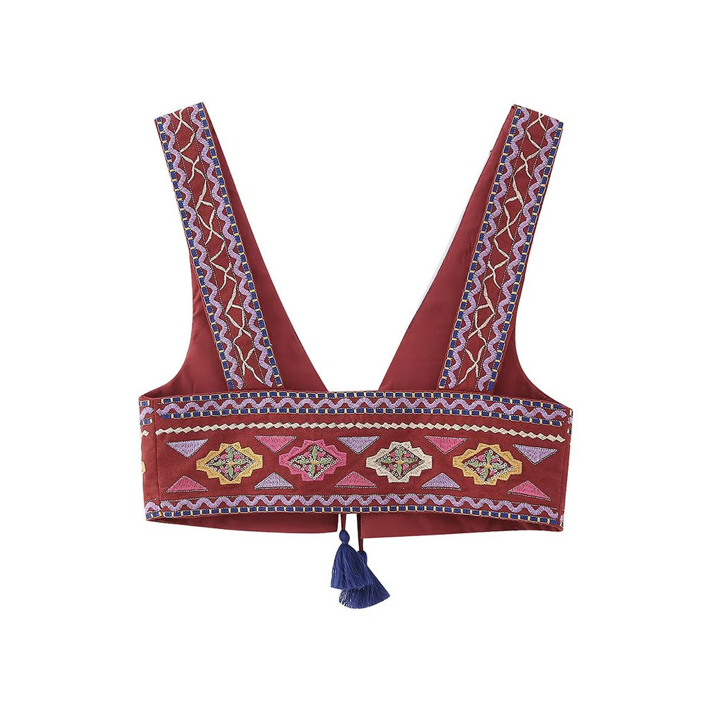 Women Elegant Embroidered V neck Lace up Short Vest CHEN
