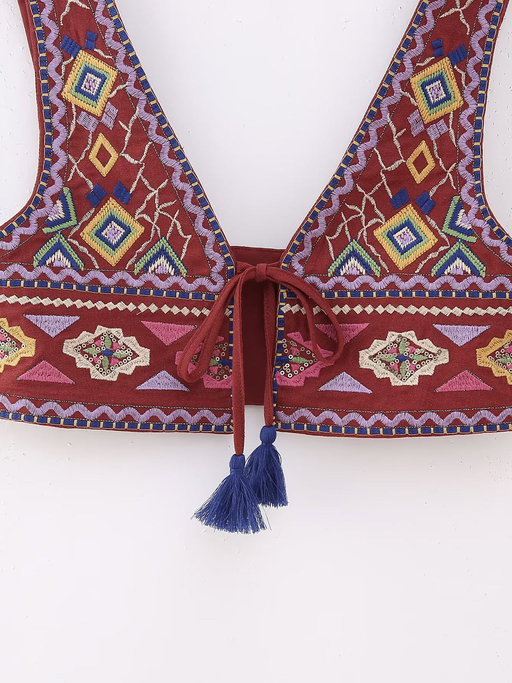 Women Elegant Embroidered V neck Lace up Short Vest CHEN