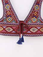 Women Elegant Embroidered V neck Lace up Short Vest CHEN
