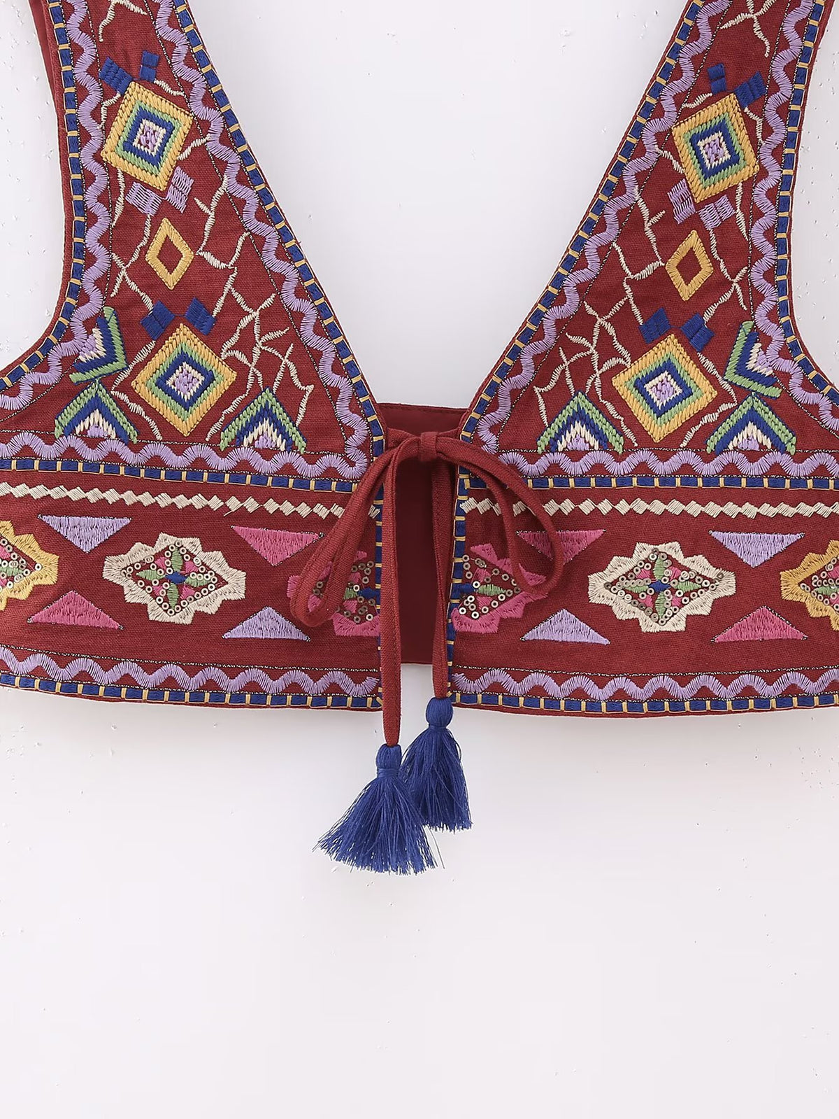 Women Elegant Embroidered V neck Lace up Short Vest CHEN