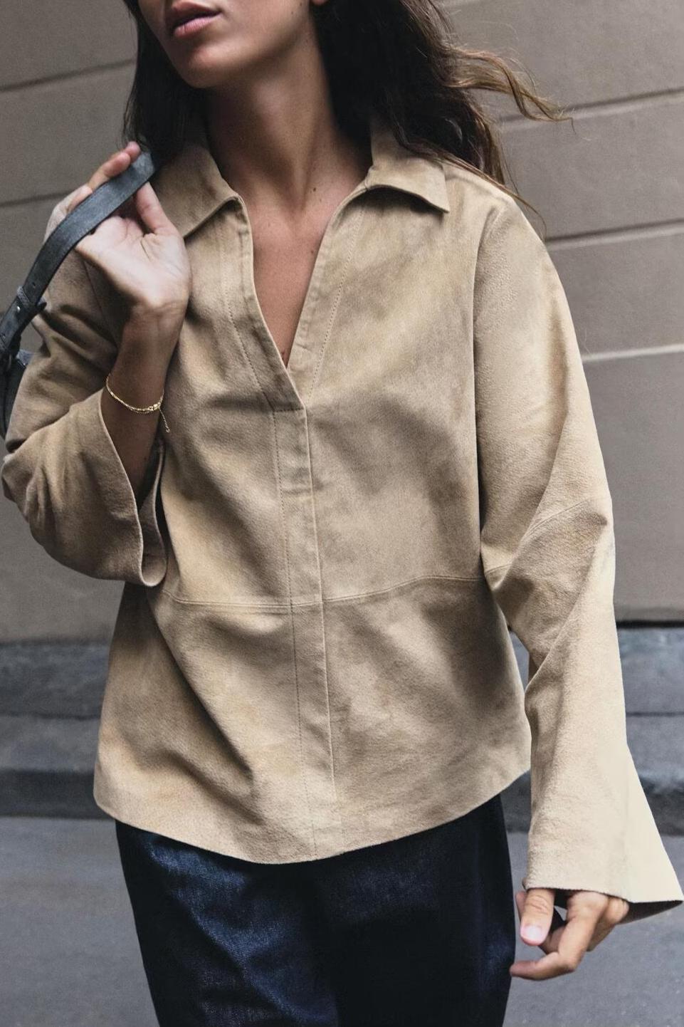 Women Clothing Autumn Solid Color Casual Suede Long Sleeve Polo Collar Shirt SenDa