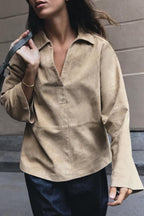 Women Clothing Autumn Solid Color Casual Suede Long Sleeve Polo Collar Shirt SenDa