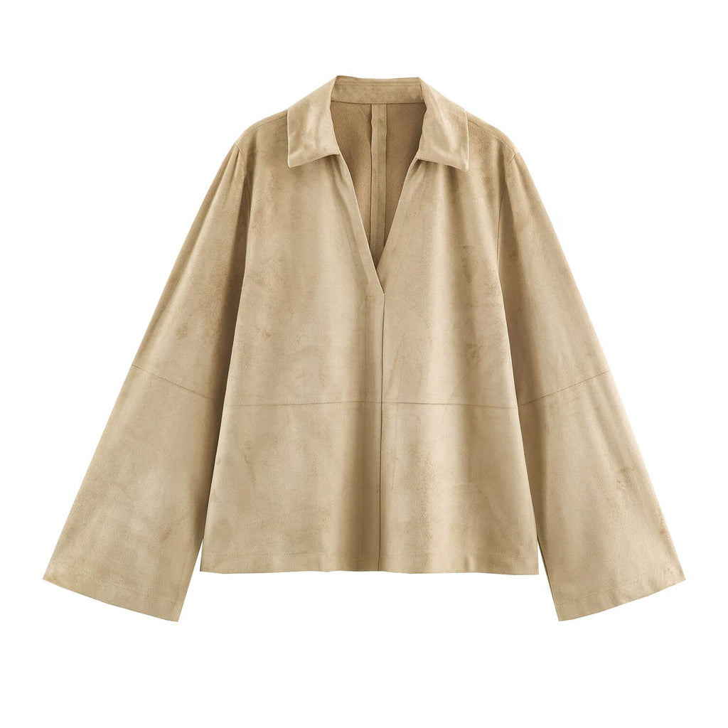 Women Clothing Autumn Solid Color Casual Suede Long Sleeve Polo Collar Shirt SenDa