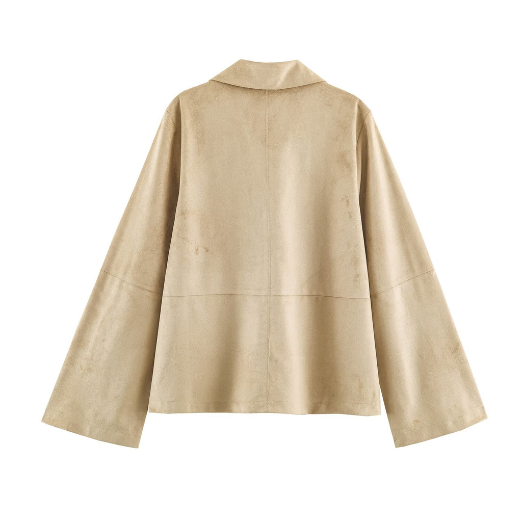Women Clothing Autumn Solid Color Casual Suede Long Sleeve Polo Collar Shirt SenDa