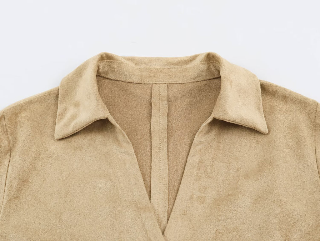 Women Clothing Autumn Solid Color Casual Suede Long Sleeve Polo Collar Shirt SenDa