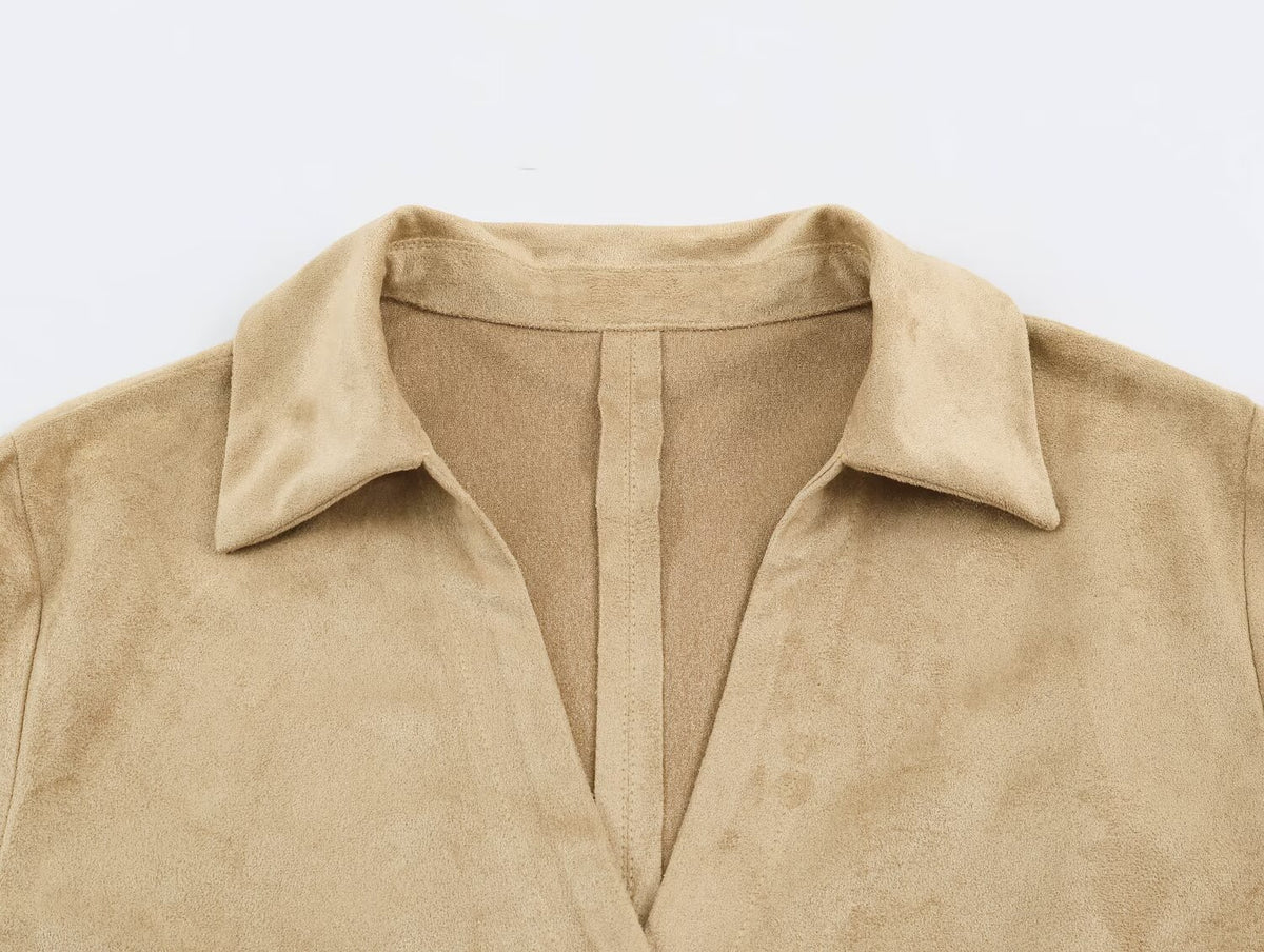 Women Clothing Autumn Solid Color Casual Suede Long Sleeve Polo Collar Shirt SenDa