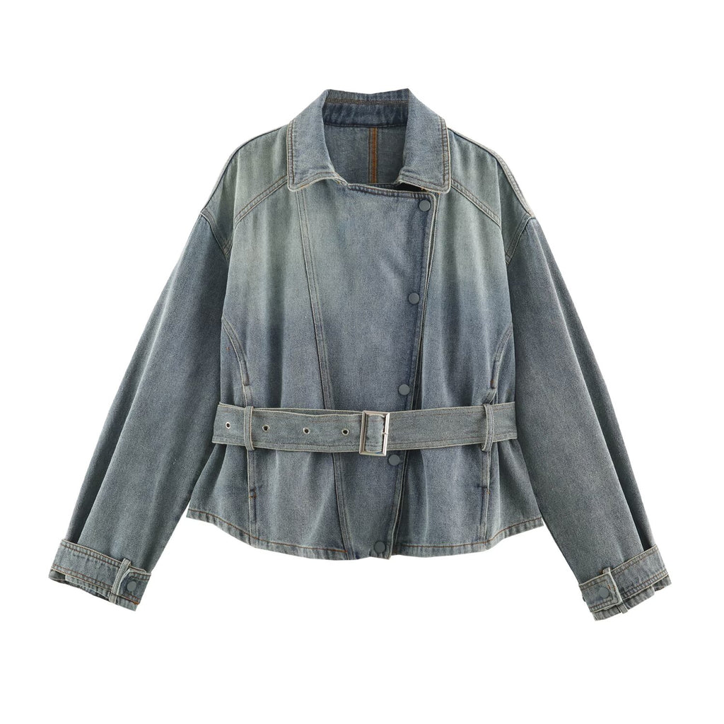 Women Clothing Retro All Match Collared Loose Belt Belt Denim Jacket Coat SenDa