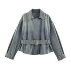 Women Clothing Retro All Match Collared Loose Belt Belt Denim Jacket Coat SenDa