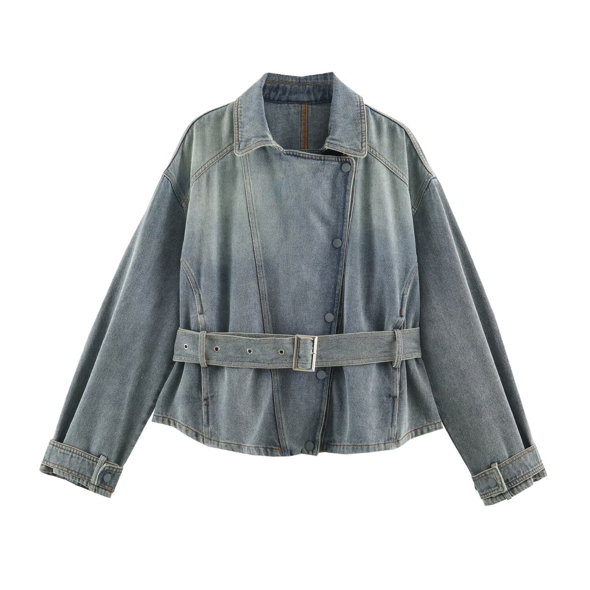 Women Clothing Retro All Match Collared Loose Belt Belt Denim Jacket Coat SenDa