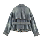 Women Clothing Retro All Match Collared Loose Belt Belt Denim Jacket Coat SenDa