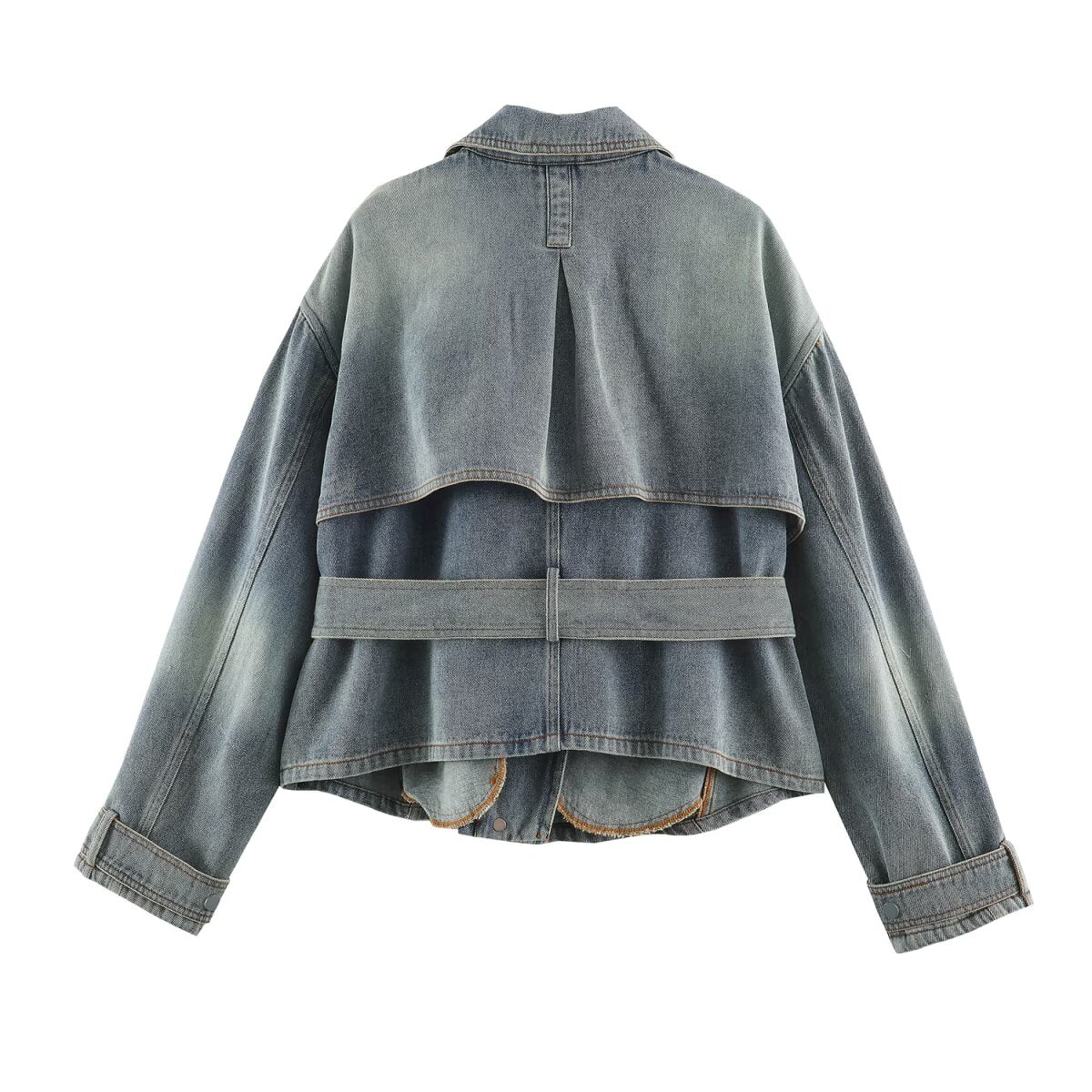 Women Clothing Retro All Match Collared Loose Belt Belt Denim Jacket Coat SenDa