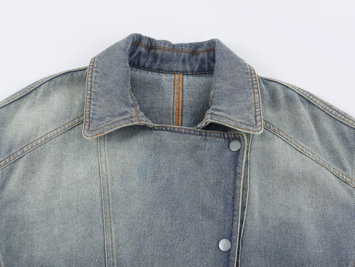 Women Clothing Retro All Match Collared Loose Belt Belt Denim Jacket Coat SenDa