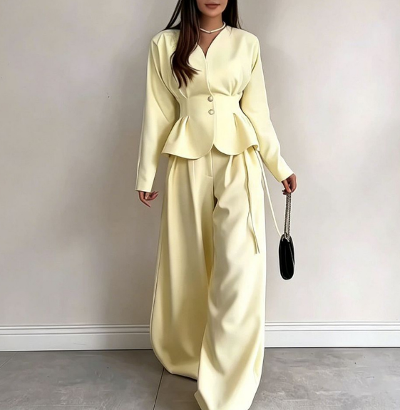Women Clothing Autumn V neck Tight Waist Small Coat Casual Wide Leg Trousers TinkleBell