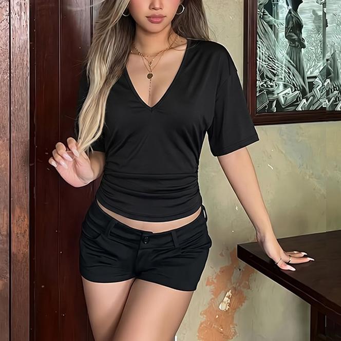 Women Clothing Summer Solid Color Short Sleeve Sexy V neck Tight Waist Cropped T shirt LEKINS