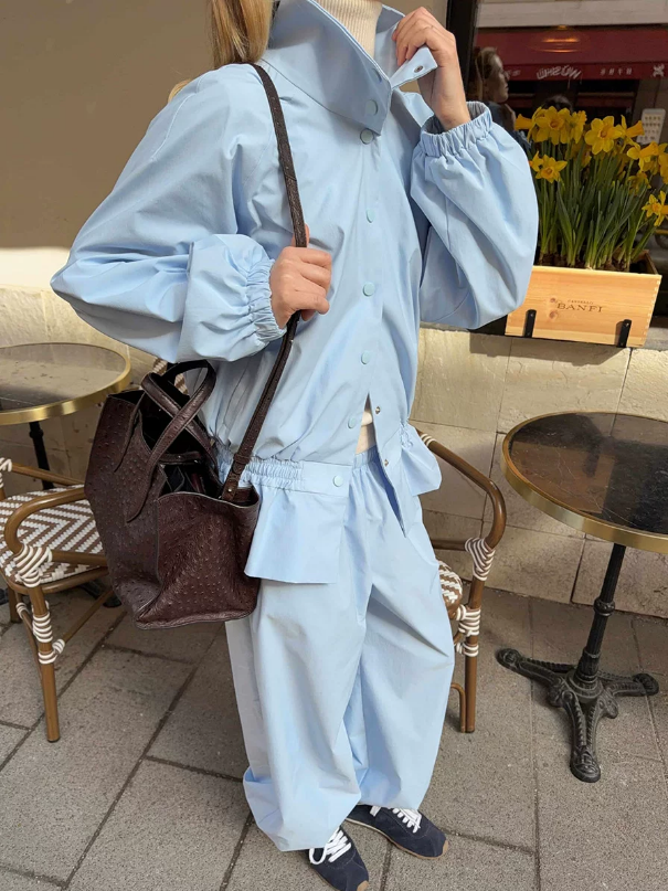 Women Clothing Fall Stand up Collar Cinched Small Coat Loose Wide Leg Pants TinkleBell