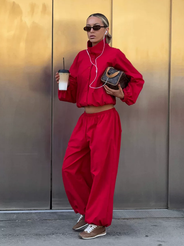 Women Clothing Fall Stand up Collar Cinched Small Coat Loose Wide Leg Pants TinkleBell